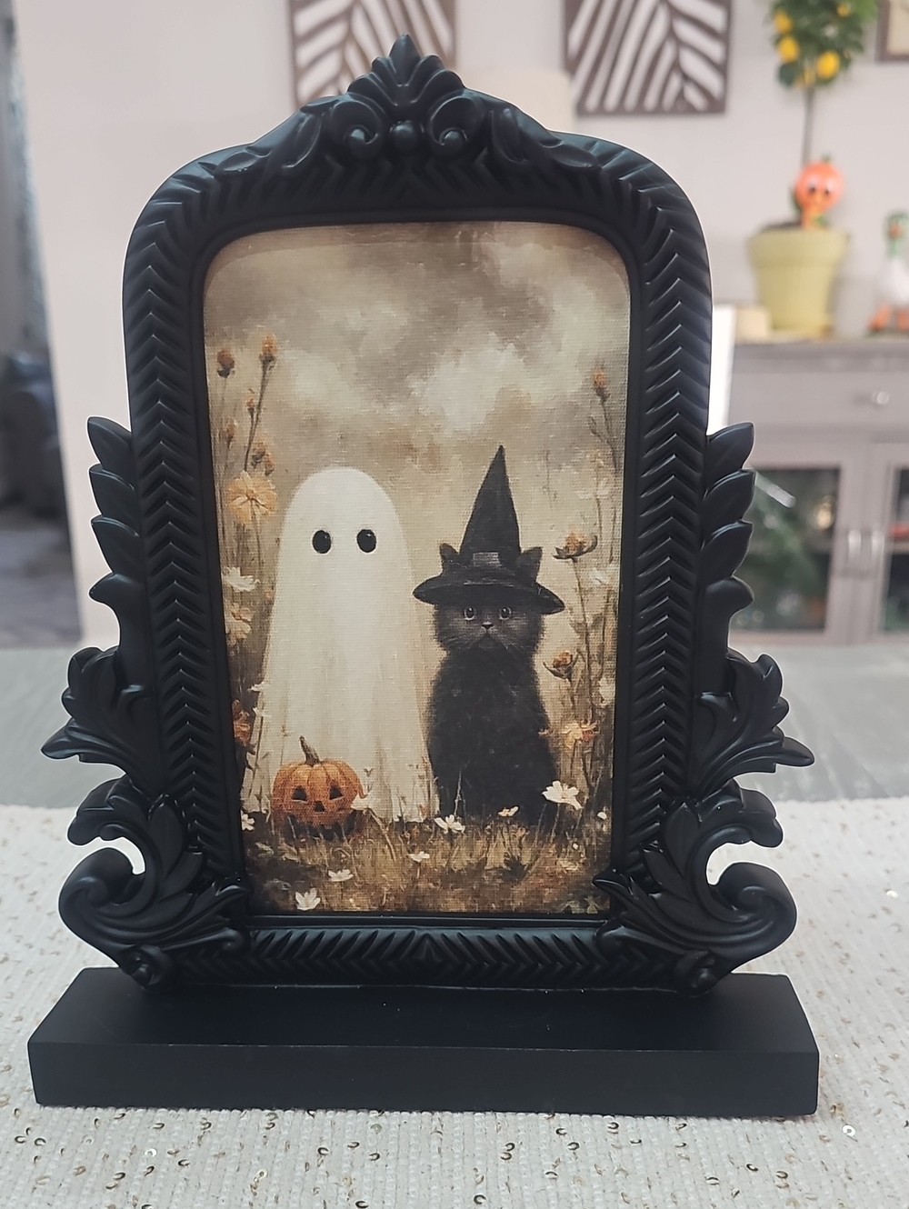 NWT! Halloween Tabletop Black Decorative Frame with Ghost & Cat Canvas Print